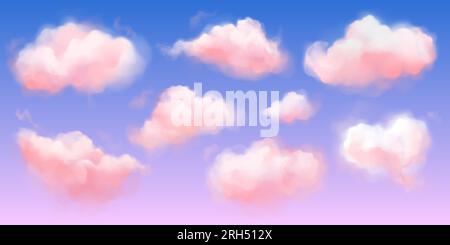 Fantasy Rosa Wolke in Himmelspastellhintergrund. abstrakte 3D-Konfekt-Konsistenz mit Farbverlauf. Feenparadies realistische, bewölkte Sonnenuntergangslandschaft. Süßes Traumbild-Malerdesign Stock Vektor