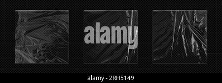 Kunststofffolie mit Überlagerungseffekt für die Verpackungsabdeckung. Realistische Vektordarstellung mit transparenter Folie oder Folienband. Verknittertes, gestrecktes Zellophan- oder Polyethylen-Modell für Lebensmittelpackungen. Stock Vektor