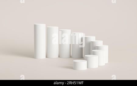 Leere Gasflasche tritt auf Podium oder Plattform auf weißem Hintergrund. Finanzielles Wachstum oder Verlust. 3D-Rendering. Stockfoto