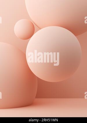 Eine Gruppe rosa Kugeln, Blasen oder Ballons, die auf pastellfarbenem Hintergrund schweben. Konzeptionelles 3D-Rendering für Produktwerbung, Hintergrundbild, Deckblatt oder Banner Stockfoto