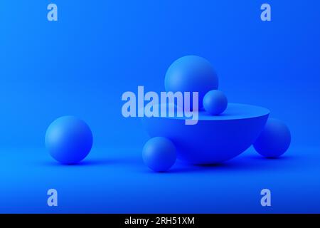 Abstrakte geometrische Kugeln auf blauem Hintergrund. Abstraktes 3D-Rendering, modernes minimalistisches Hintergrunddesign. Stockfoto