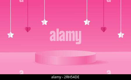 Hintergrund rosa mit einem Podium und einer minimalen Szene an der Wand. Rosafarbener Hintergrund im Puppenstil. Bühne für die Puppe. Vektor Stock Vektor