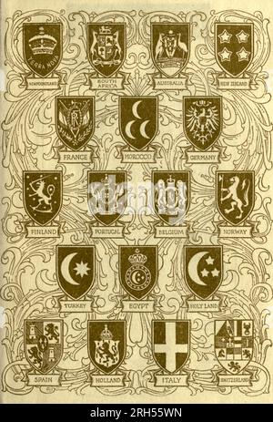 Sammlung von National Coat of Arms Neufundland, Südafrika, Australien, Neuseeland, Frankreich, Marokko, Deutschland, Finnland, Portugal, Belgien, Norwegen, Türkei, Ägypten, Heiliges Land, Spanien, Holland, Italien, Schweiz aus dem Buch „ Japan “, Teil der Serie „ Peeps of History “ von John Finnemore, illustriert von Ella Du Cane Ella Du Cane (1874-1943), war eine britische Künstlerin, die am besten für ihre Aquarelle von Landschaften und exotischen Orten bekannt ist. Veröffentlichungsdatum 1910 Herausgeber London : Adam und Charles Black Stockfoto