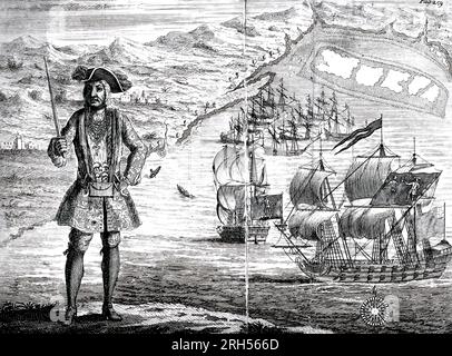Kapitän Bartho Roberts mit zwei Schiffen, dem Königlichen Vermögen und dem Ranger, segelt in der Whydah Road Ouidah an der Küste Guiney (Guinea). Januar 11. 1722 Bartholomew Roberts (17. Mai 1682 – 10. Februar 1722), geboren John Roberts, war ein walisischer Pirat, der, gemessen an Schiffen, die gefangen wurden, der erfolgreichste Pirat des Goldenen Zeitalters der Piraterie. Während seiner Piratenkarriere hat er über 470 preisgekrönte Schiffe übernommen. Roberts hat zwischen 1719 und 1722 Schiffe vor der amerikanischen Küste und der westafrikanischen Küste überfallen; er ist auch dafür bekannt, dass er seinen eigenen Piratenkodex entwickelt und eine frühe Variante des Skull and Crossbones FLA eingeführt hat Stockfoto