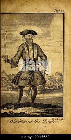 Edward Teach (alternativ Edward Thatch, ca. 1680. Bis 22. November 1718), besser bekannt als Blackbeard, war ein englischer Pirat, der um die Westindischen Inseln und die Ostküste der nordamerikanischen Kolonien Großbritanniens operierte. Aus dem Buch Eine allgemeine Geschichte der pyrate, von ihrem ersten Aufstieg und ihrer Siedlung auf der Insel Providence bis zur Gegenwart. Mit den bemerkenswerten Aktionen und Abenteuern der beiden weiblichen pyrates Mary Read und Anne Bonny von Captain Charles Johnson und Daniel Defoe, Publication Date 1724 Publisher London : gedruckt für und verkauft von T. Warner, im Black-Boy in Pat Stockfoto