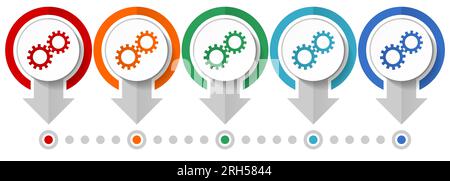Zahnräder, Zahnradvektor-Symbolsatz, flache Infografik-Vorlage, Zeiger-Symbole in 5 Farboptionen für webdesign und mobile Anwendungen festlegen Stock Vektor