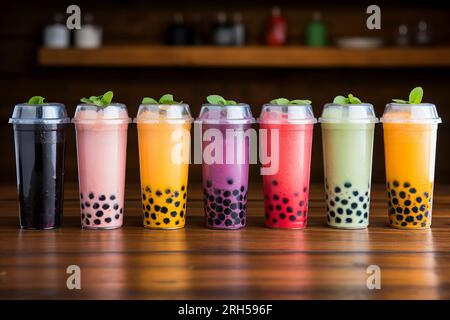 Ein gekühltes Glas Seifenblasentee mit Tapiokapperlen, die perfekte Erfrischung für jeden Tag. Stockfoto