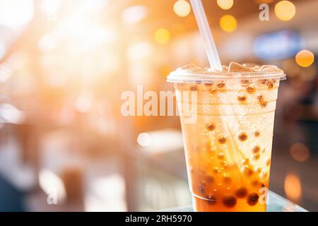 Ein gekühltes Glas Seifenblasentee mit Tapiokapperlen, die perfekte Erfrischung für jeden Tag. Stockfoto