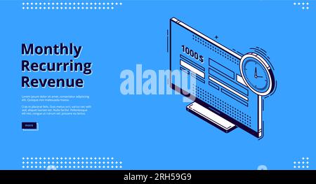 Banner für monatlich wiederkehrende Umsätze. Feste Bezüge und Zahlungen, MRR-Konzept. Vektor-Landing-Page mit wiederkehrenden Einkünften mit isometrischen Symbolen von Rechnungen auf dem Computermonitor und Zeiterinnerung Stock Vektor