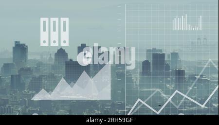 Bild der statistischen Datenverarbeitung im Vergleich zur Luftaufnahme des Stadtbildes Stockfoto