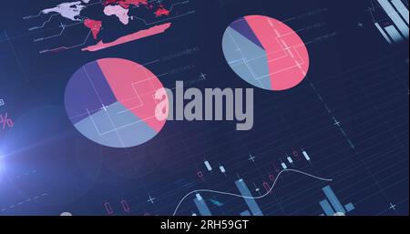 Bild der statistischen Datenverarbeitung über hellen Punkt auf blauem Hintergrund Stockfoto