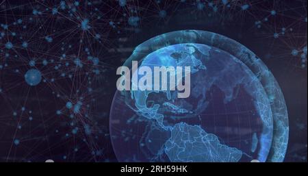 Abbildung: Netzwerk von Verbindungen, die über einen Globus vor blauem Hintergrund schweben Stockfoto