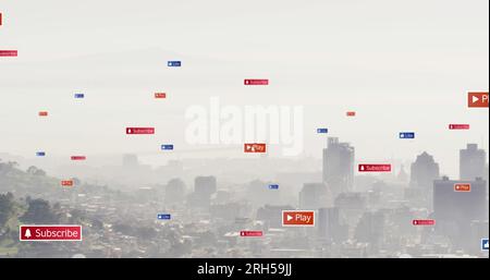 Bild mehrerer Social-Media-Symbole, die vor der Luftaufnahme der Stadt schweben Stockfoto