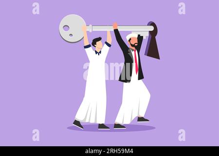 Cartoon-Figur in flacher Form Business Key Konzept mit zwei arabischen Männchen in einem Bademantel, während sie einen riesigen Schlüssel zum Schlüsselloch heben und einführen. Aktiver Geschäftsmann Mo Stockfoto