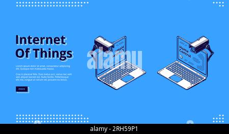 Isometrisches Webbanner für das Internet der Dinge. Laptop mit Beschriftungen für Home Control auf dem Bildschirm und Smart-House-Ausstattung, Kamera für Home Control, iot-Technologie. 3D-Vektordarstellung, Strichgrafiken, Landing-Page Stock Vektor