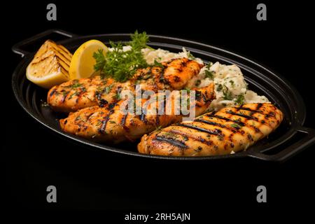 Frisch gegrilltes Fischsteak, serviert auf einem Teller, mit Gourmet-kulinarischen Köstlichkeiten und gesundem Essen. Stockfoto