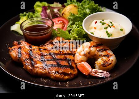 Frisch gegrilltes Fischsteak, serviert auf einem Teller, mit Gourmet-kulinarischen Köstlichkeiten und gesundem Essen. Stockfoto