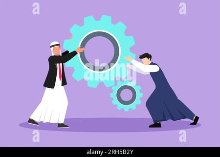 Flaches Grafikdesign mit zwei arabischen Geschäftsleuten, die sich gegenseitig helfen, große Zahnräder zu schieben. Gruppe von Leuten, die Ausrüstung schieben, Team Business Tech Hold Ausrüstung Zusammenarbeit Stockfoto