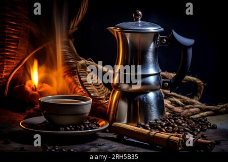 Eine wunderschön gestaltete Komposition, die die Zubereitung von Moka-Kaffee zu Hause zeigt. Stockfoto