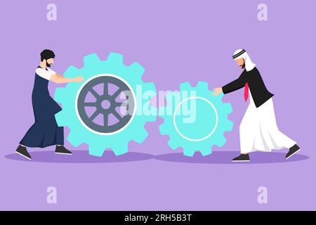 Ein Cartoon mit flachem Design, der zwei Geschäftsleute anzieht, die große Zahnräder zusammenschieben. Teamarbeit Zusammenarbeit im Zahnradmechanismus. Araber arbeiten an Schubmaschinen, Teamarbeit Stockfoto
