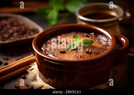 Genießen Sie die reichen Aromen des Schokoladenpudding vor rustikaler Kulisse Stockfoto