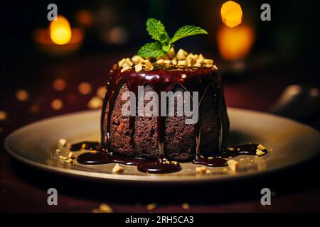 Genießen Sie die reichen Aromen des Schokoladenpudding vor rustikaler Kulisse Stockfoto