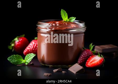 Genießen Sie die reichen Aromen des Schokoladenpudding vor rustikaler Kulisse Stockfoto