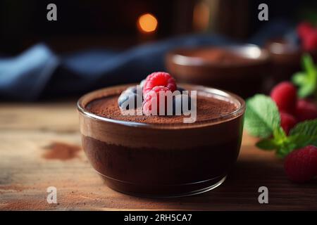Genießen Sie die reichen Aromen des Schokoladenpudding vor rustikaler Kulisse Stockfoto