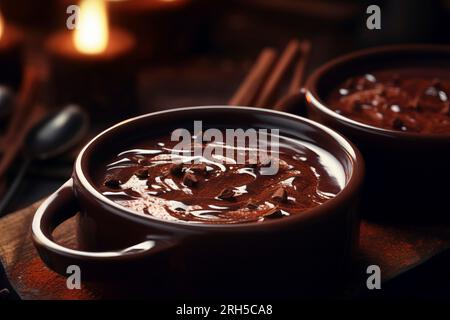 Genießen Sie die reichen Aromen des Schokoladenpudding vor rustikaler Kulisse Stockfoto