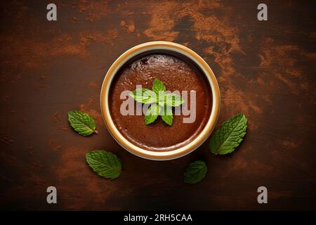 Genießen Sie die reichen Aromen des Schokoladenpudding vor rustikaler Kulisse Stockfoto