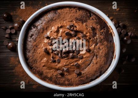 Genießen Sie die reichen Aromen des Schokoladenpudding vor rustikaler Kulisse Stockfoto