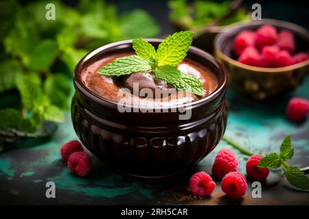 Genießen Sie die reichen Aromen des Schokoladenpudding vor rustikaler Kulisse Stockfoto
