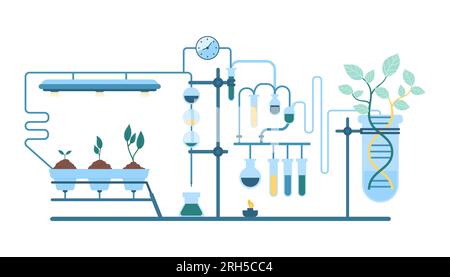 Biotechnologisch-wissenschaftliche Forschung zur Vektordarstellung im Labor. Karikatur-Versuchslaborausrüstung mit Reagenzgläsernetzen zum Anbau von Pflanzen, genetisches Experiment mit DNA, Biotechnologie in der Landwirtschaft Stock Vektor