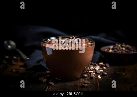Genießen Sie die reichen Aromen des Schokoladenpudding vor rustikaler Kulisse. Stockfoto