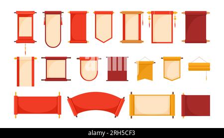 Alte chinesische Schriftrollen setzen Vektordarstellung. Cartoon isolierte asiatische uralte Pergamentrollen Sammlung, goldener und roter königlicher Papierbrief, orientalische Buchrollen verschiedener Formen für antike Botschaften Stock Vektor
