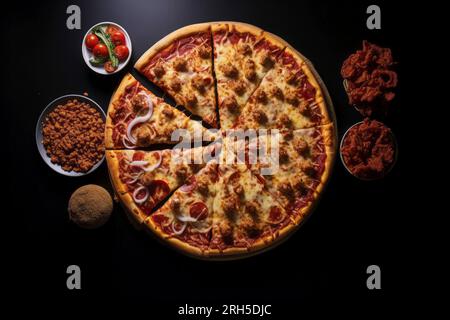 Ein köstlicher Blick von oben auf eine leckere Pizza mit ihren reichhaltigen Zutaten und ihrem einladenden Aroma. Stockfoto