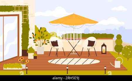 Dachterrasse mit gemütlichen Möbeln und grünen Pflanzen. Cartoon-Holzbalkon mit Tisch und Sonnenschirm, Zimmerpflanzen und gemütliche Stühle mit Kissen, hygge Outdoor Lounge und Terrasse im Sommer Stock Vektor
