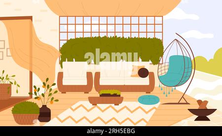 Moderne Dachterrasse mit grünen Pflanzen und Möbeln. Cartoon-Veranda oder Heim-Balkon Innenausstattung in umweltfreundlichem Stil, Holzdekoration, gemütliches Sofa und Stühle auf dem Dach Stock Vektor