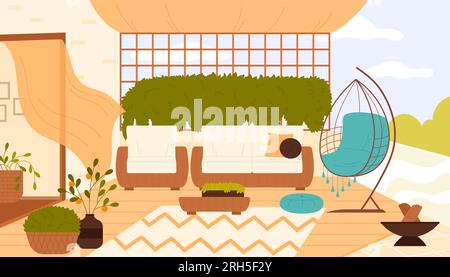 Moderne Dachterrasse mit grünen Pflanzen und Möbeln. Cartoon-Veranda oder Heim-Balkon Innenausstattung in umweltfreundlichem Stil, Holzdekoration, gemütliches Sofa und Stühle auf dem Dach Stock Vektor