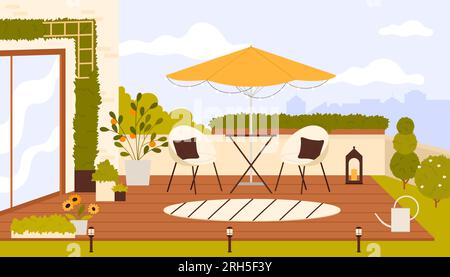 Dachterrasse mit gemütlichen Möbeln und grünen Pflanzen. Cartoon-Holzbalkon mit Tisch und Sonnenschirm, Zimmerpflanzen und gemütliche Stühle mit Kissen, hygge Outdoor Lounge und Terrasse im Sommer Stock Vektor