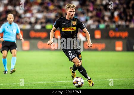 Bukarest, Rumänien. 10., 2023. August. Jeppe Tverskov (6) vom FC Nordsjaelland während des Qualifikationsspiels der UEFA Conference League zwischen FCSB und dem FC Nordsjaelland im Stadionul Steaua in Bukarest. (Foto: Gonzales Photo - Dejan Obretkovic). Stockfoto