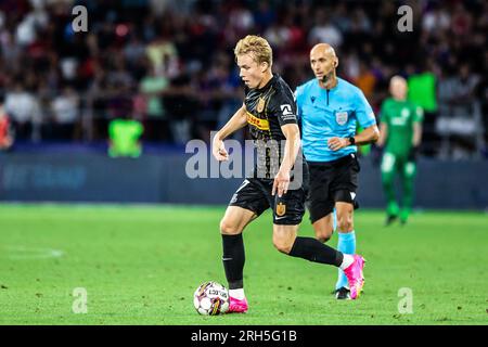 Bukarest, Rumänien. 10., 2023. August. Daniel Svensson (27) vom FC Nordsjaelland während des Qualifikationsspiels der UEFA Conference League zwischen FCSB und dem FC Nordsjaelland im Stadionul Steaua in Bukarest. (Foto: Gonzales Photo - Dejan Obretkovic). Stockfoto