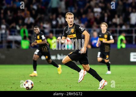 Bukarest, Rumänien. 10., 2023. August. Benjamin Nygren (9) vom FC Nordsjaelland während des Qualifikationsspiels der UEFA Conference League zwischen FCSB und FC Nordsjaelland im Stadionul Steaua in Bukarest. (Foto: Gonzales Photo - Dejan Obretkovic). Stockfoto