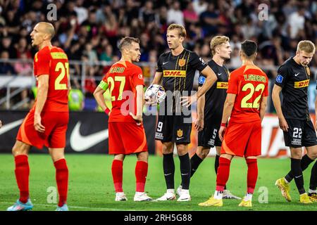 Bukarest, Rumänien. 10., 2023. August. Benjamin Nygren (9) vom FC Nordsjaelland während des Qualifikationsspiels der UEFA Conference League zwischen FCSB und FC Nordsjaelland im Stadionul Steaua in Bukarest. (Foto: Gonzales Photo - Dejan Obretkovic). Stockfoto