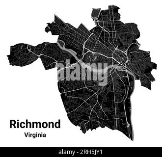 Stadtplan von Richmond, Hauptstadt des US-Bundesstaats Virginia. Kommunale Verwaltungsgrenzen, Schwarzweißkarte mit Flüssen und Straßen, Parks und Stock Vektor