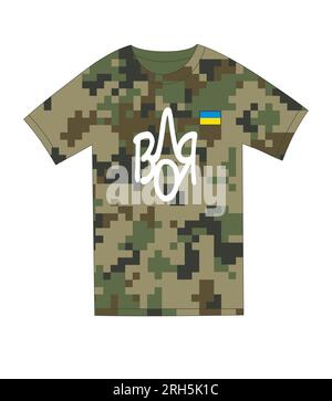 Freiheit, ukrainischer patriotischer Aufdruck auf Pixel-T-Shirt. Übersetzung aus der ukraine - Freiheit. Vektorhandschriftliches Konzept in Form eines Dreizacks Stock Vektor