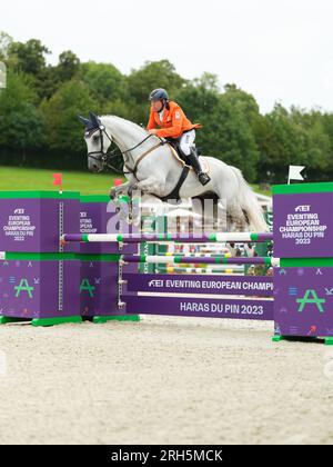 Le Pin Au Haras, Frankreich. 13. Aug. 2023. Andrew HEFFERNAN aus den Niederlanden mit Gideon während des ShowJumping bei der FEI Eventing Europameisterschaft am 13. August 2023, Haras du Pin, Frankreich (Foto von Maxime David/MXIMD Pictures - mximd.com) Kredit: MXIMD Pictures/Alamy Live News Stockfoto