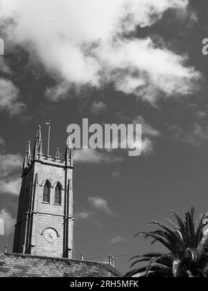 Schwarz-weiß-Landschaft, St. Mary's Church und Palm Tree, Penzance, Cornwall, England, UK, GB. Stockfoto