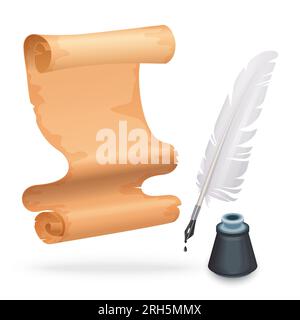 Alte Papierrolle mit Vektorgrafik aus altem Federstift und Tintenflasche. 3D isolierte Feder und Tintenfass zum Zeichnen auf mittelalterlichem Pergament-Manuskript oder antikem, offenem Papyrus der antiken Bibliothek Stock Vektor
