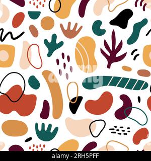 Abstrakte geometrische Formen nahtloses Muster. Vector Hand zeichnete verschiedene Formen und Kritzelobjekte. Abstraktes, modernes Muster. Trendige bunte Illustration. Stempelstruktur. Stock Vektor